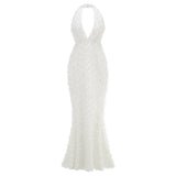 Solid Color Sexy Dark V Bareback Dress Woman High-End New Flower Design Fishtail Party Dress 68HZ