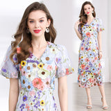 Summer Banquet Famous Wind V-Neck Bubble Sleeves Body-Brace Hip Three-Dimensional Flower Lace Dress 68HZ