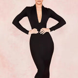 Sexy Deep V-Neck Fashion Trendy Long Sleeve Banded Dress With High-End Banquet Evening Dress 68HZ