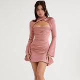 Autumn New Printing Body Sexy Hollow Bare Back Net Red High Quality Women's Long-Sleeved Dress 68HZ