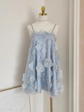 French Niche Doll Dress Water Drill Blue Flower Lint Seaside Sling Dress 68HZ