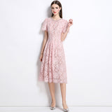 2025 Summer New Pink Diamond Pearl Collar Short-Sleeved Lace Dress Femininity Long Dress 68HZ
