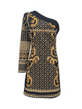 French Court Retro Style Dress 2025 New Slender Shoulder Collar Unilateral Sleeve High-End Print Short Dress Dress Woman 68HZ