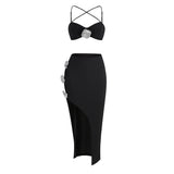 New Sexy Decorative Diamond Flower Sling Skirt Woman High-End Solid Color Slings Two-Piece Dress 68HZ