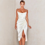 Direct Sales 2025 Spring And Summer New Slings Solid Color V-Neck Irregularly Folded High-Waisted Dress Dress 68HZ