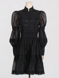 French Retro High-End Short Dress 2025 Summer New Fashion Collar Lantern Sleeve Mesh Waist Dress Dress Woman 68HZ