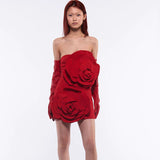New Sexy Red Brated Skirt Niche Temperament High-End Decorative Three-Dimensional Flower Dress 68HZ