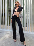 Women's Black Fashion Suit Women's Feeling Small Suit Short Top Chain Belt Casual Trousers Two-Piece Set 68HZ