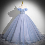 One-Word Shoulder Light Blue Vocal Art Exam Performance Dress Solo Fluffy Skirt Princess Adult Ceremony Presided Over The Annual Meeting Dress 68HZ