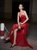 High-End Women's Perspective Sexy Sling Dress Dress Deep V Print High Open Fork Dress Dress 68HZ