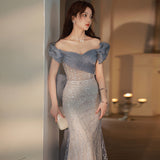 Evening Dress Dress Woman 2024 New Blue Fishtail High-End Light Luxury Niche High-End High-End High-End French Toast Bridal Wedding Dress 68HZ