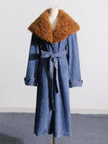 Spring 2025 New Fashion Temperament Detachable Wool Collar Long Denim Jacket Female With Belt Thin Windwear 68HZ