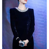 Nini Star With The Same Temperament Evening Dress Long-Sleeved Velvet Dress Annual Banquet Girl 68HZ
