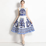 Standing Women's Clothing 2025 Summer New Elegant Temperament Bottom Vest Dress Blue And White Porcelain Printing Dress Women 68HZ