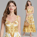 Summer French Retro Sling Dress Long Dress Temperament High Waistless Sleeveless Porcelain Print A Large Swing Dress 68HZ