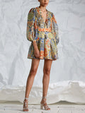 French Retro-Print Dress 2025 New Temperament V Tie Collar Collar Slimming Short Skirt Woman 68HZ