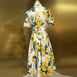 Yellow Rose Print Short Sleeve Single Buckle With Waist Cotton Dress Spring And Summer Women's New 2024 68HZ