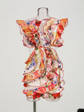 High-End Women's Sexy Dew Back-To-Back Dress Skirt Short Dress High-End Fine Print Dress Dress Dress 68HZ