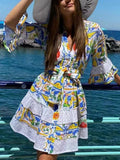 French Bohemian Resort 2025 Spring New V-Neck Horn Sleeve Embroidery Printed Dressed Dress Woman 68HZ