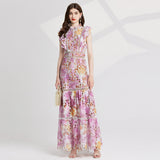 Southeast Asia Holiday Style Color Printing Embroidery Collar Dress Flying Sleeves Loaf Side Waist Dress 68HZ