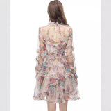 Heavy Industry Lotus Leaf Side Sexy Perspective Apricot Print Long-Sleeved Short Dress New Women's Clothing Early Autumn 2024 68HZ