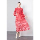 Miyake 2025 Summer New Dress Women's Design Printing Collar Long Sleeve Loose Thin Folds Long Dress 68HZ