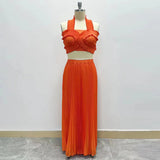 French Elegant Wind Two Sets 2025 New Chest Hanging Neck Loaf Side Top + High Waist Pressure Folded Skirt Dress 68HZ