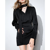 Vintage Small Black Dress Design With A Sense Of The Vertiny Dress Women's New Autumn Temperament V-Necked Wrinkles Skirt 68HZ