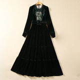 Fashion Hollow Embroidered Long-Sleeved Wine Red Velvet Princess Dress Dress Autumn And Winter Women's Dress New 2025 68HZ