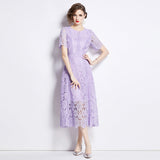 Summer Dress New Short-Sleeved Lace Dress Women's Long-Singed Flower Hollow Purple High-Waist Aa Skirt Thin 68HZ