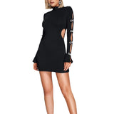Black Long-Sleeved Bows Hollow Dark-Cuffled Mini Skirt Babes Twinning Dress 68HZ