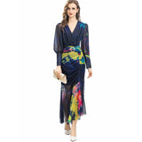 Sexy V-Neck Long-Sleeved Elegant Print Irregular Fishtail Dress Dress Women's Autumn New 2025 68HZ