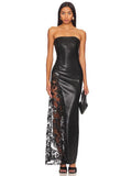INS Solid Color PU Leather Fashion Temperament Body-Meared Lace Explosion Sexy Mid-Long Dress Dress Dress 68HZ