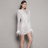 High-End Women's Sleeves Decorated Feather Dress Embellished Irregular Elegant Dress Woman 68HZ
