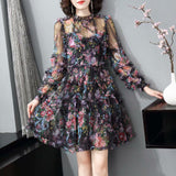Small Collar Long-Sleeved Print Lotus Leaf Side Black Dress Fashion Holiday Style New Women's Spring And Summer 2025 68HZ