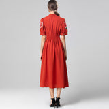 Heavy Industry Embroidered Flower Lily Collar Short Sleeve Tie Tight Waist High Dress Station Spring And Summer Woman 2025 68HZ