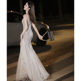 Evening Dress Fishtail Woman 2024 New High-End Banquet Temperament Silver Dress Light Luxury Niche High-End Host 68HZ