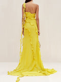 Elegant Wind One-Shoulder Dress Dress 2025 Summer New Splicing Wood Ear Slim Slim Open Fork Dress Woman 68HZ