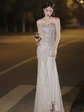 Evening Dress Fishtail Woman 2024 New High-End Banquet Temperament Silver Dress Light Luxury Niche High-End Host 68HZ