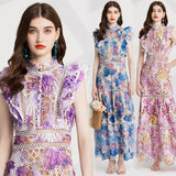 Southeast Asia Holiday Style Color Printing Embroidery Collar Dress Flying Sleeves Loaf Side Waist Dress 68HZ