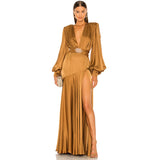 High-End Women's Deep V Shoulder Decoration Trumpet Sleeves Under The Open Fork Elegant Long Dress 68HZ