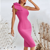 Rose Red New Fashion For One-Shoulder Bow In The Long Dress Bandage Dress 68HZ