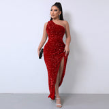 Direct Selling New Women's Clothing 2025 Spring Fashion Squin Single-Sleeve-Less Open-Fork Dress Solid Color 68HZ