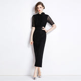 Heavy Industry Hot Diamond Net Yarn Designer Temperament Three-Dimensional Flower Standing Waist Thin Elegant Dress Dress 68HZ