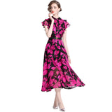High-End Knee Dress Women's Summer 2024 Temperament Lotus Leaf Sleeve Fashion Waist Thin Print V-Neck Dress 68HZ