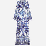 Vintage Blue And White Porcelain Printed Dress Women Summer Seaside Beach Dress Loose Meat Cover Sunscreen Open Fork Dress 68HZ