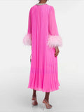 Small Group Liu Jialing With The Same Water Drill Ostrich Hair Decoration Long-Sleeved Holiday Chiffon Dress SP 68HZ