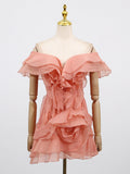 French Lotus Side Shoulder Short-Sleeved Dress Women 2025 Summer Sweet Flying Flying Sleeve Skirt Bag Hip Skirt 68HZ