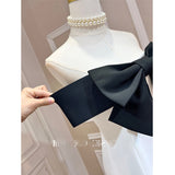 The Temperament Of The Black And White Bumpy Bow Word Shoulder Tidly Strapped Shoulder Tight Belt A-Word Dress Is Not Skinny 68HZ