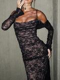 Women's Autumn New Lace Shawl Sling Dress Two Sets Of Temperament Long-Sleeved Dress Fishtail Skirt 68HZ